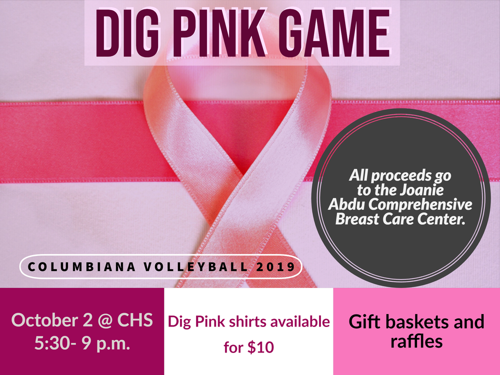 Pink breast cancer ribbon, date, time of game and information about shirts.
