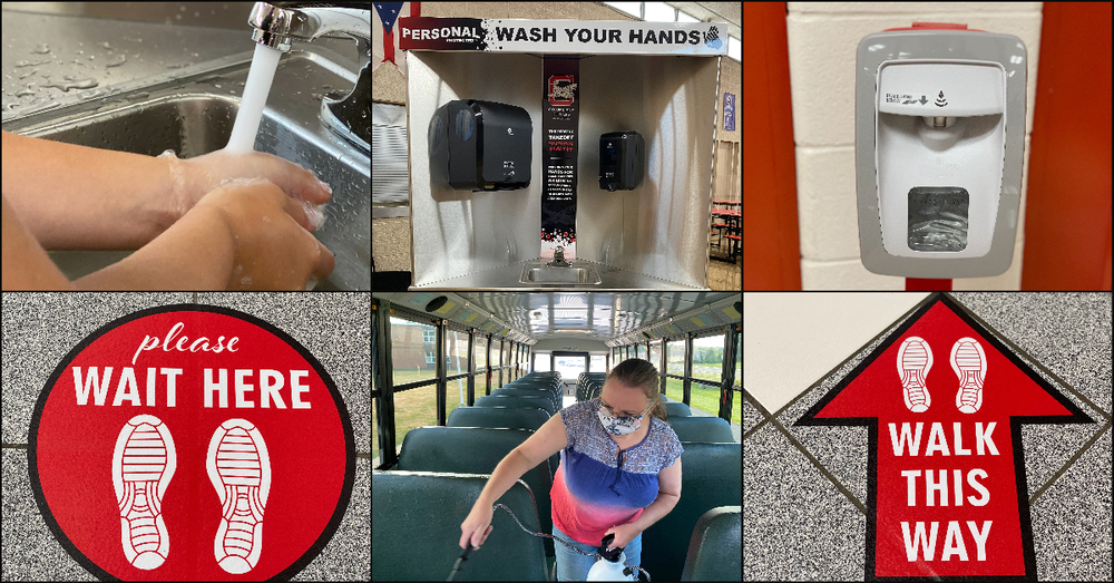 Photo collage of hand washing, hand sanitizer, social distancing signage and a bus driver cleaning the school bus. 